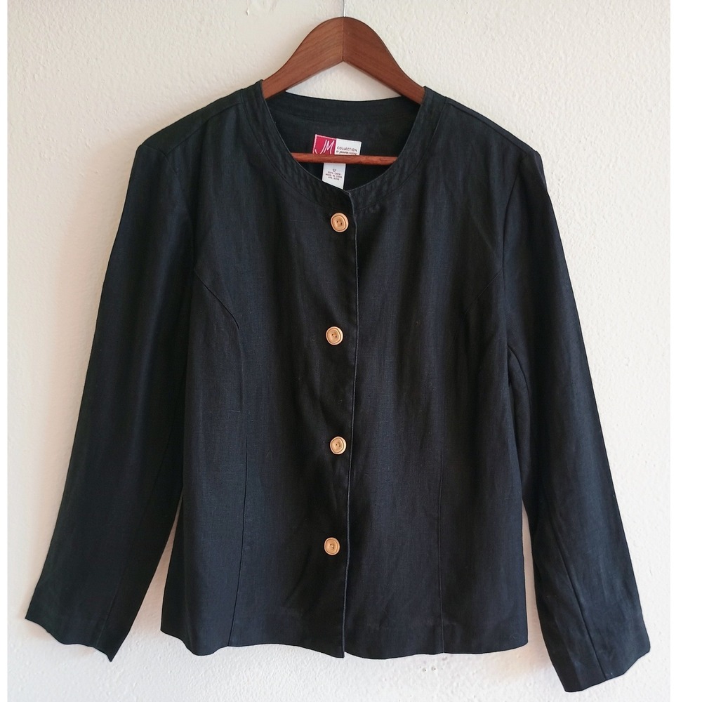 JM Collection Jennifer Moore Black 100% Linen Button Front Jacket Blazer Size 12